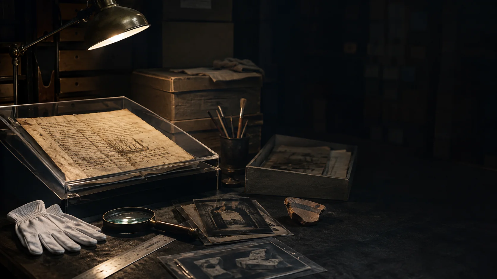 Mesa de conservación con un manuscrito y herramientas de investigación
