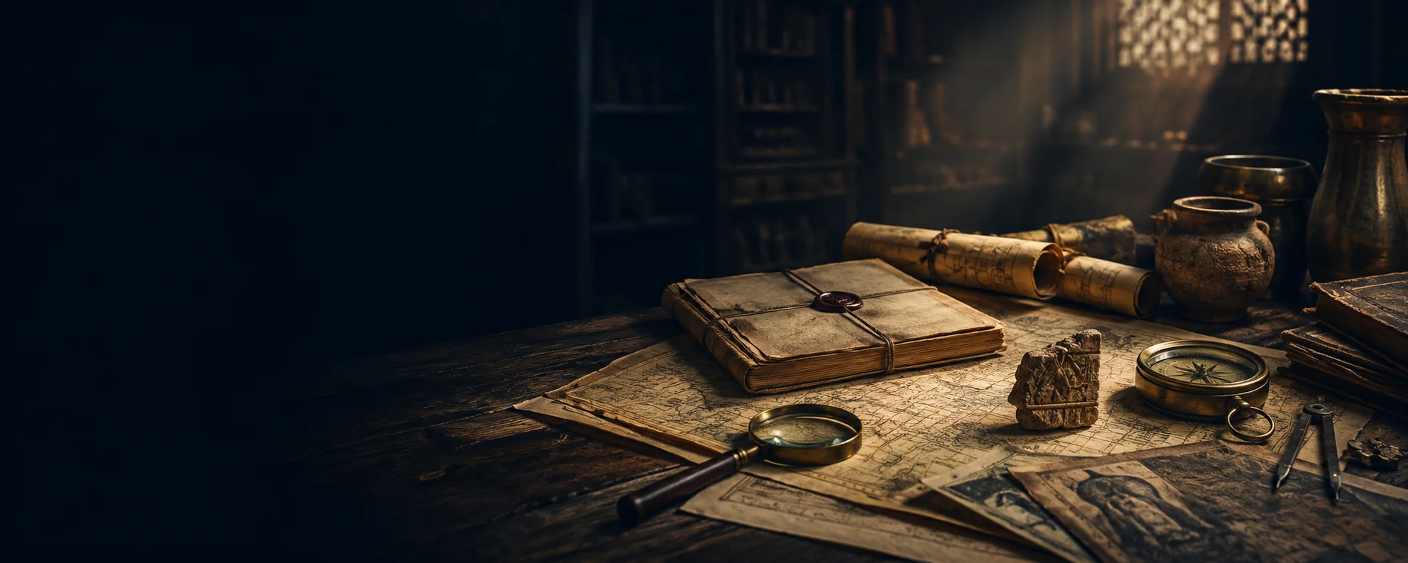 Mesa de archivo con mapas, documentos y objetos arqueológicos