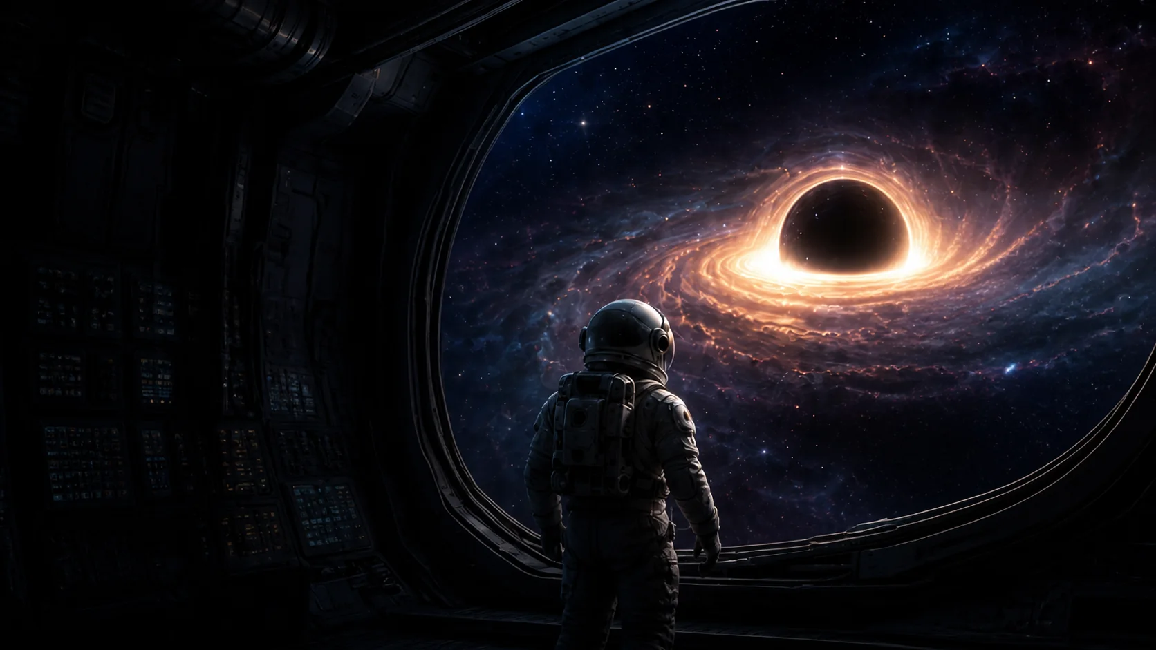 Astronauta observando un agujero negro desde una nave