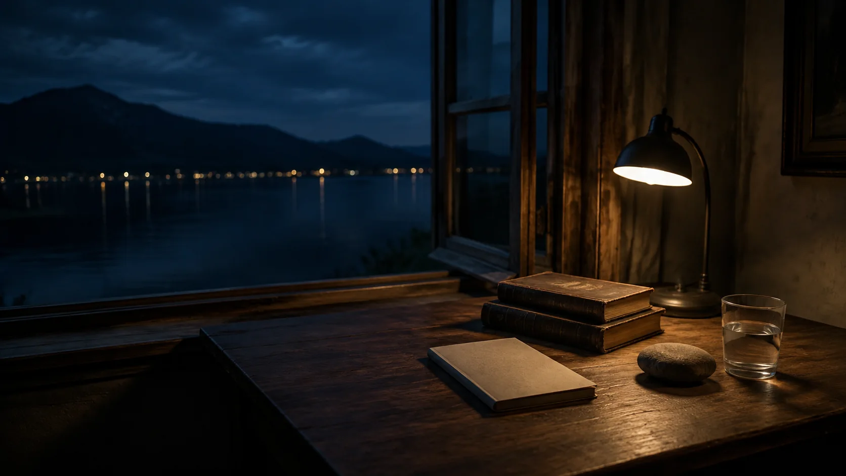 Mesa de lectura junto a una ventana abierta al lago nocturno