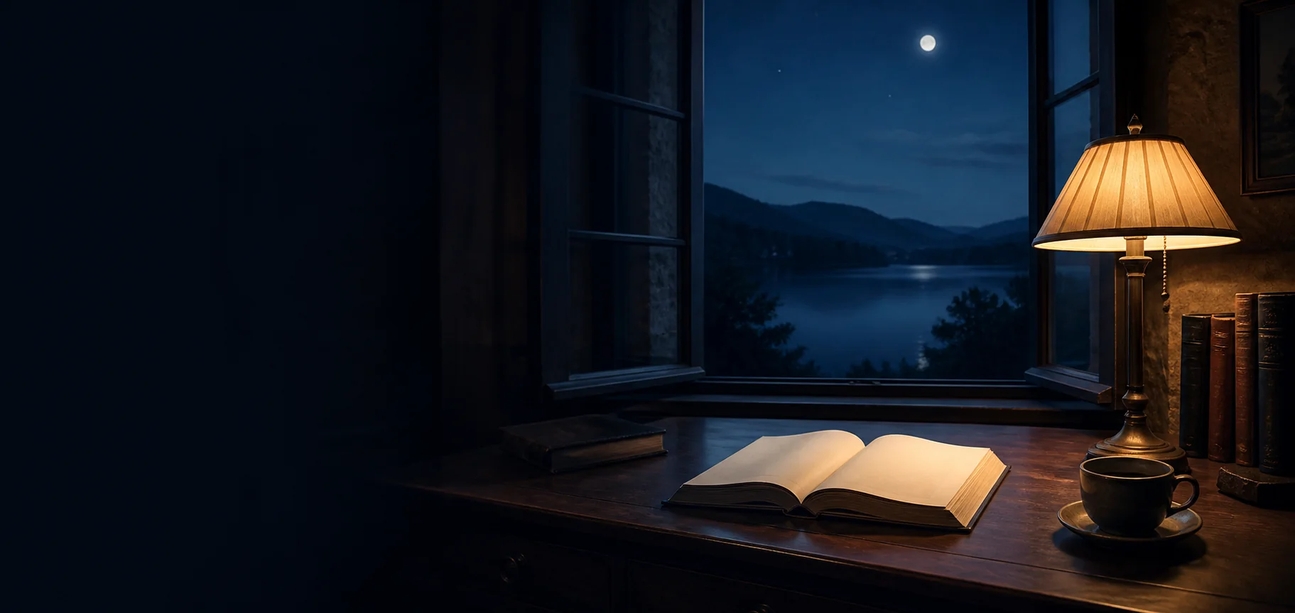 Estudio sereno abierto a un lago bajo la luna