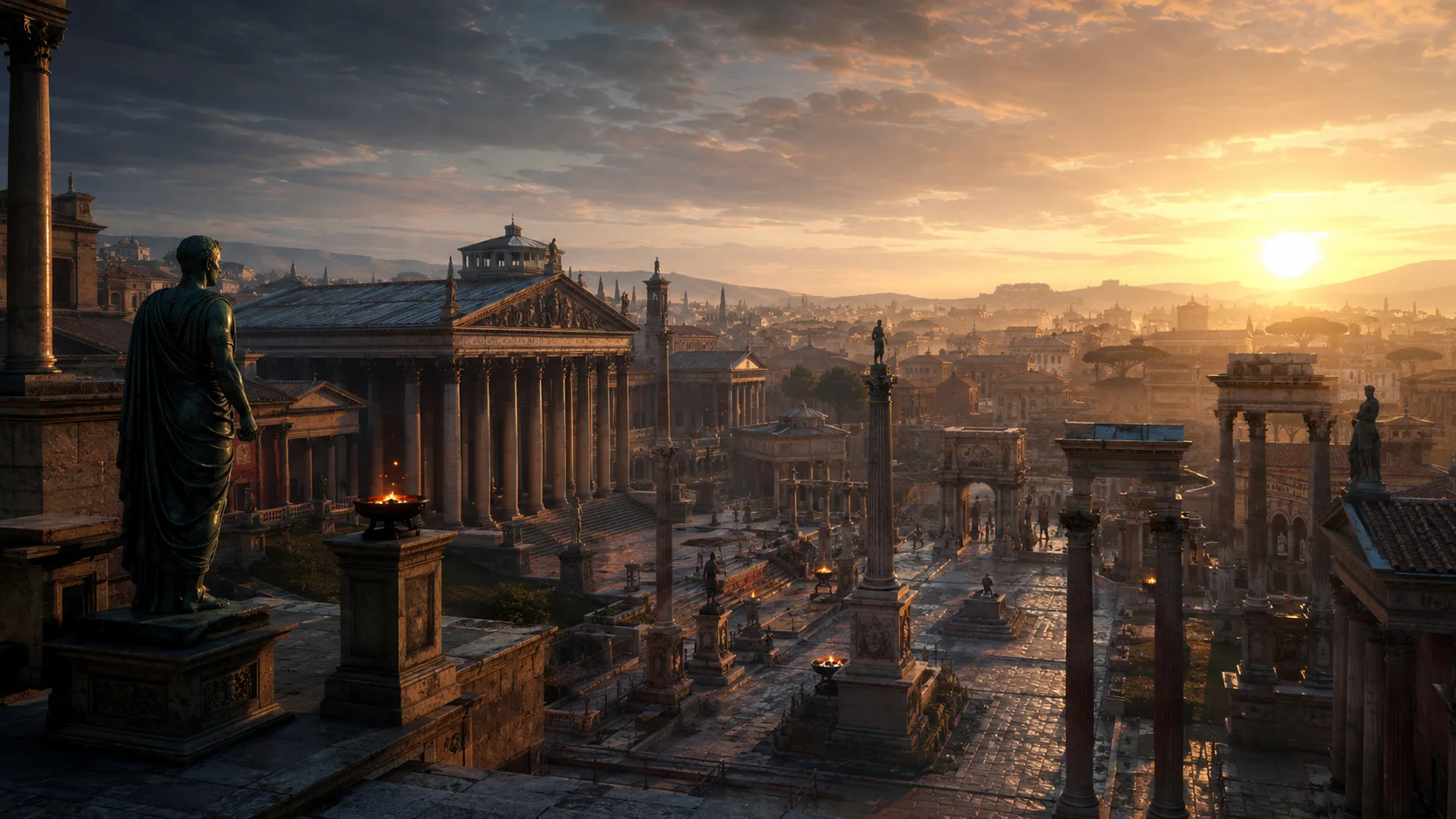Reconstrucción del Foro Romano al amanecer